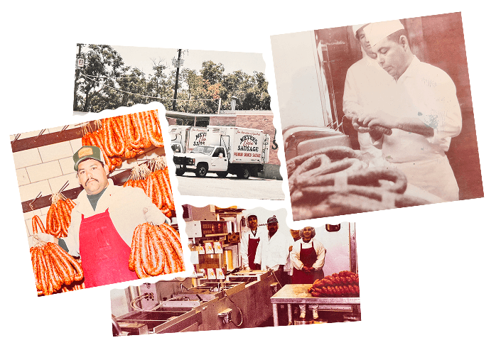 Historic collage of Meyer’s Elgin Sausage production, staff, and delivery operations in Elgin Texas
